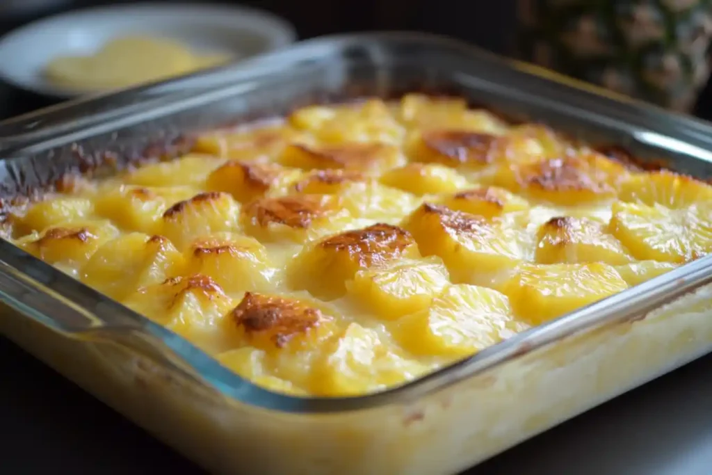 Baked pineapple casserole in a rectangular glass dish, featuring golden-brown caramelized pineapple chunks