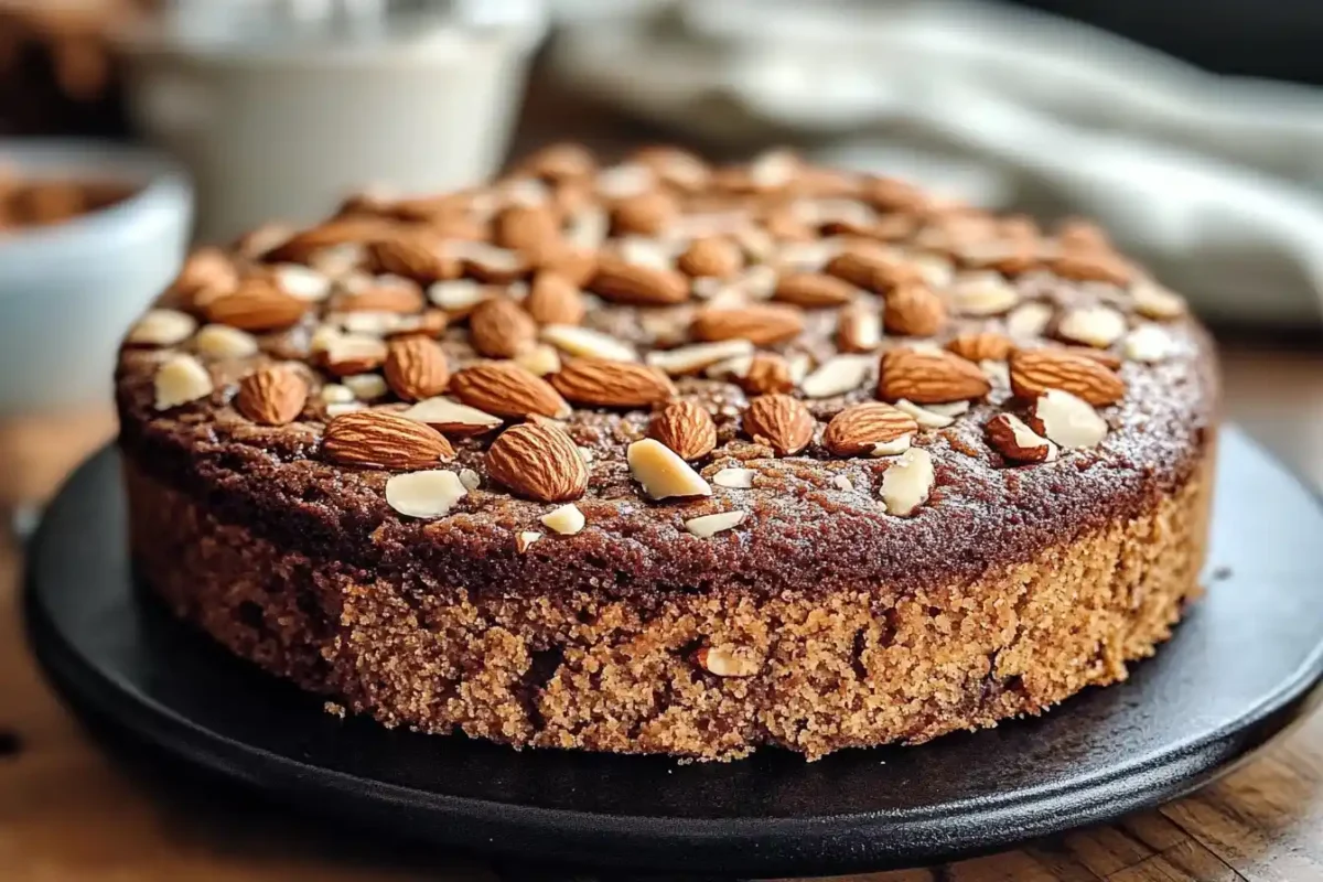 A whole almond cake with a golden-brown crust, topped with whole and sliced almonds, presented on a black serving platter.