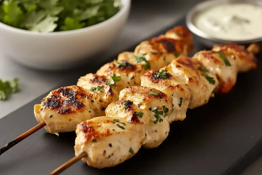 Grilled chicken skewers garnished with herbs, served with a side of creamy dipping sauce.