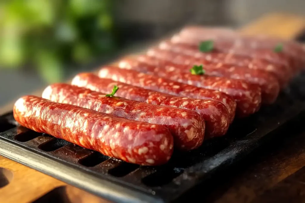 A row of uncooked sausages with a rich marbled texture, placed on a grill plate, glistening in sunlight with a garnish of fresh parsley.

