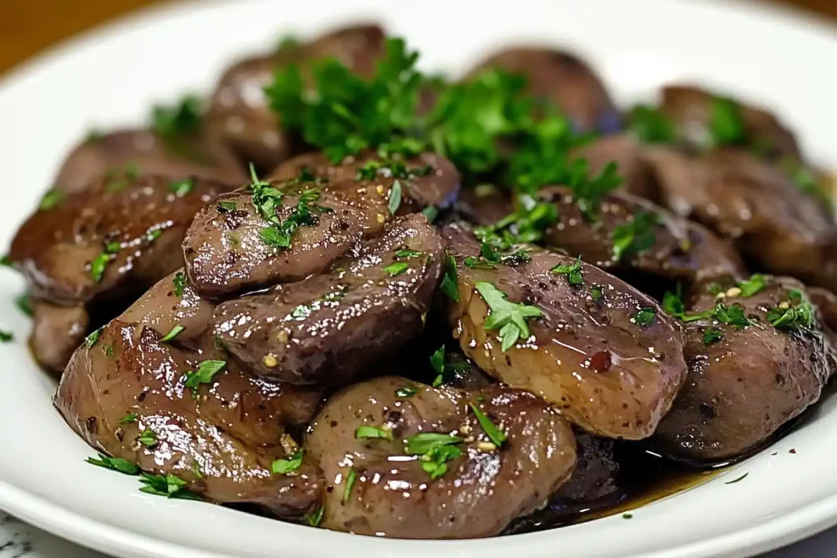 Close-up of tender and glazed liver slices garnished with fresh parsley, served on a white plate.