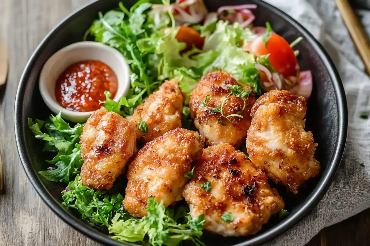 Crispy chicken pieces served over fresh greens with dipping sauce.