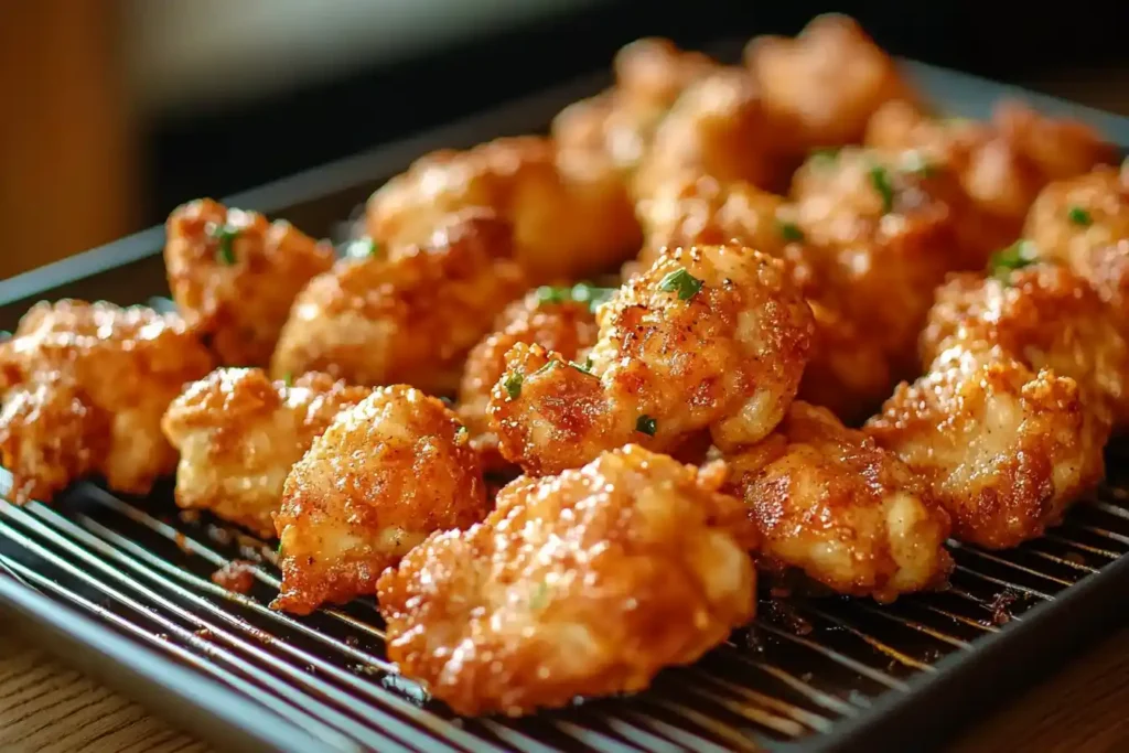 Crispy fried chicken bites on a cooling rack, garnished with fresh herbs.