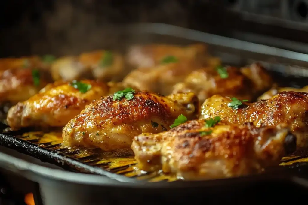 Grilled chicken wings on a barbecue grill with garnished herbs.