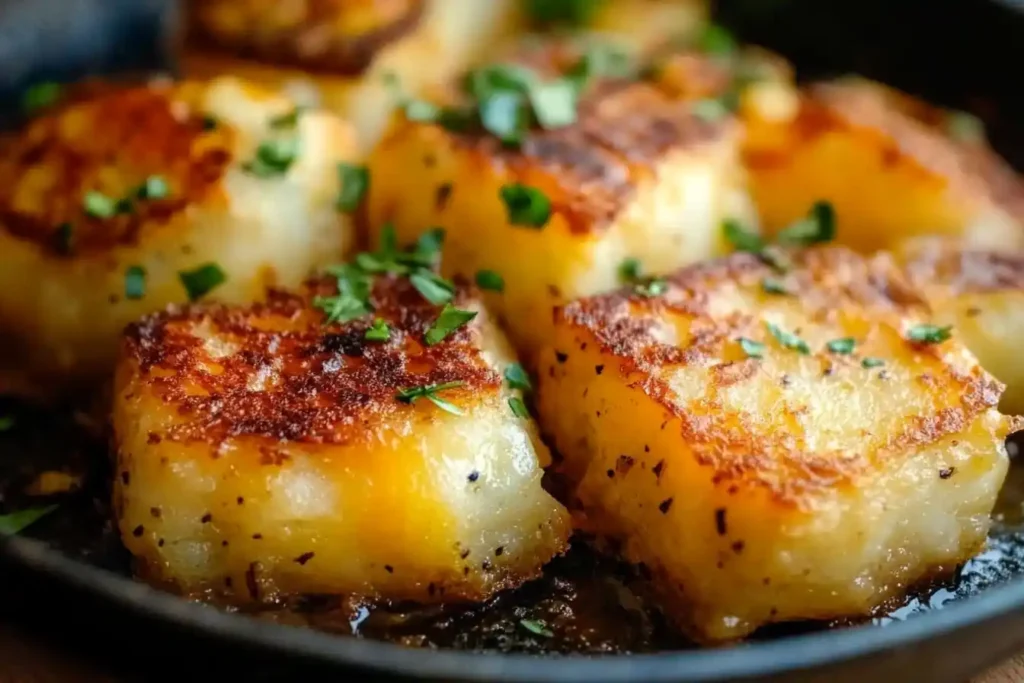  Golden-brown crispy potatoes garnished with fresh herbs.