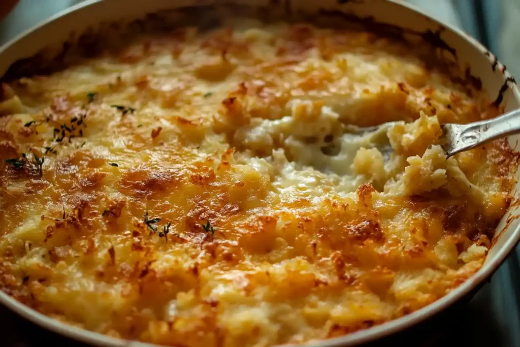 A creamy and golden-brown potato casserole with a crispy top layer, served in a white dish with a spoon.