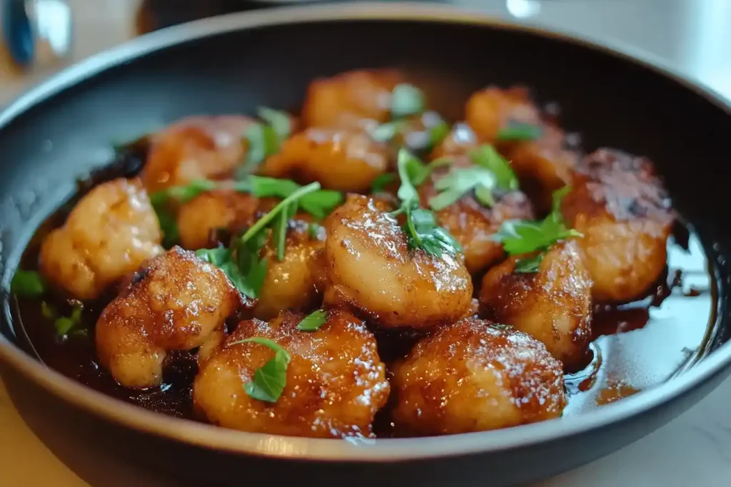 Pan-seared sweetbreads garnished with fresh herbs in a black bowl.