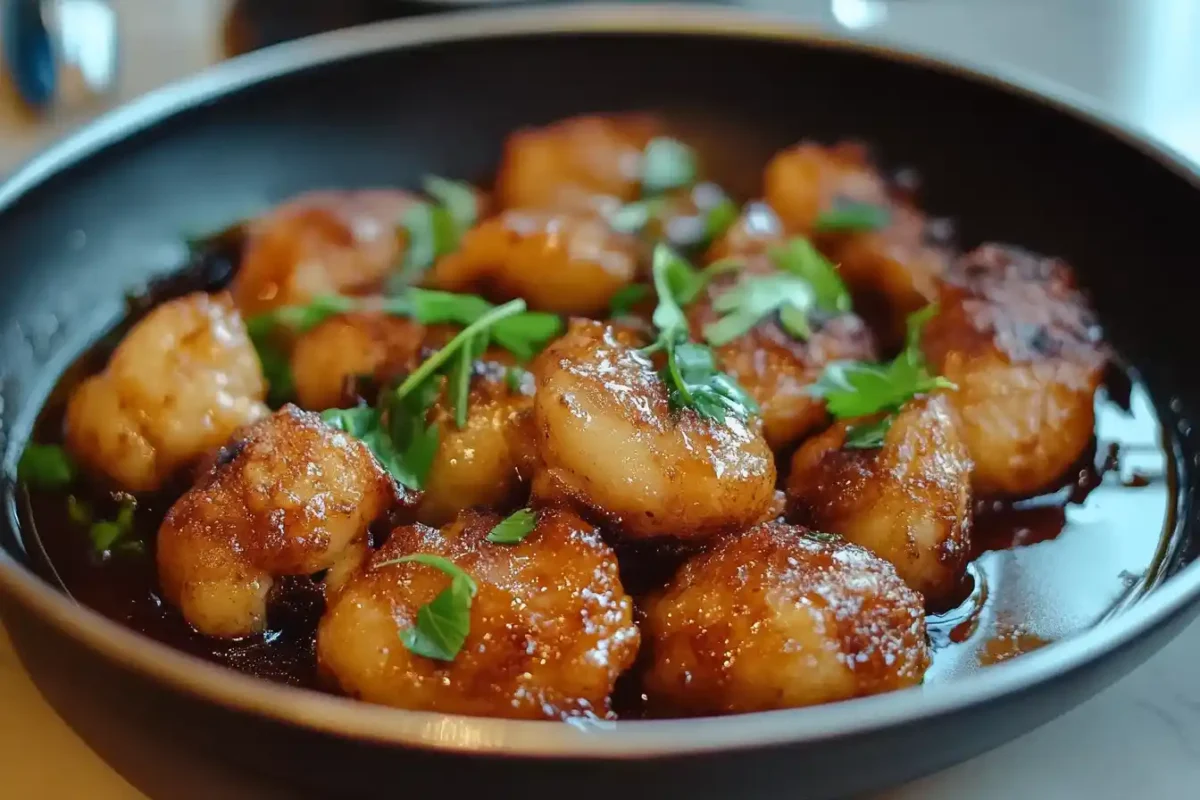 Pan-seared sweetbreads garnished with fresh herbs in a black bowl.