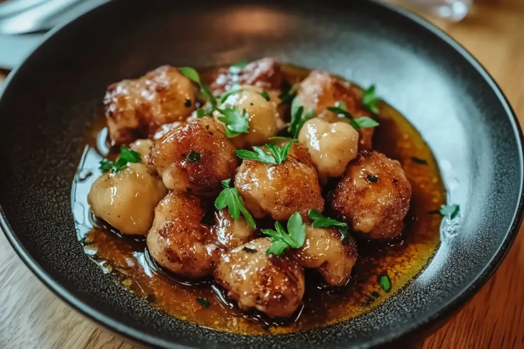 Sweetbreads with microgreens and sauce served in a black bowl.