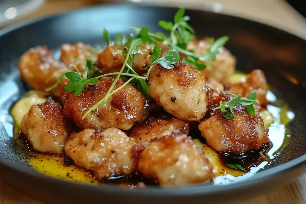 Glazed sweetbreads garnished with parsley in a black bowl.