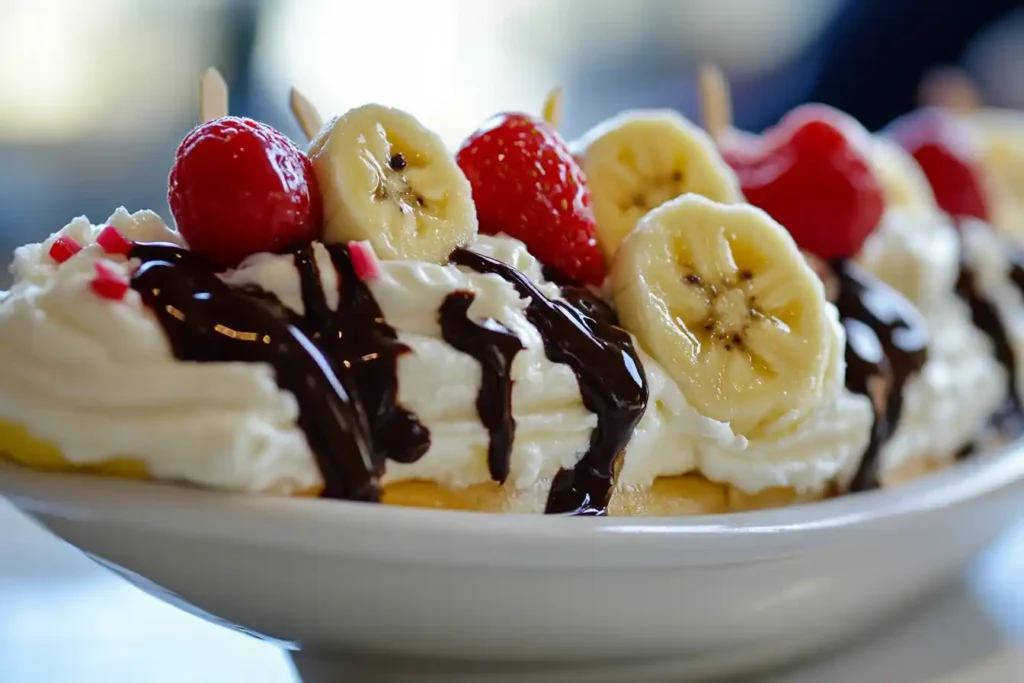 Banana split topped with whipped cream, raspberries, and chocolate syrup on a white plate.