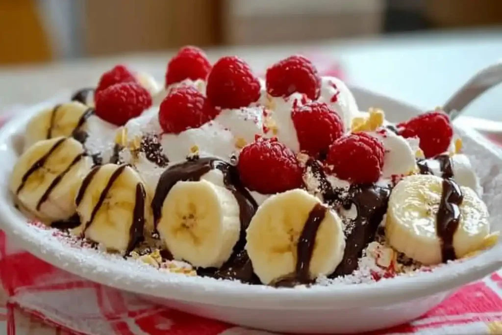 Dessert plate with bananas, raspberries, whipped cream, and chocolate syrup, garnished with powdered sugar.