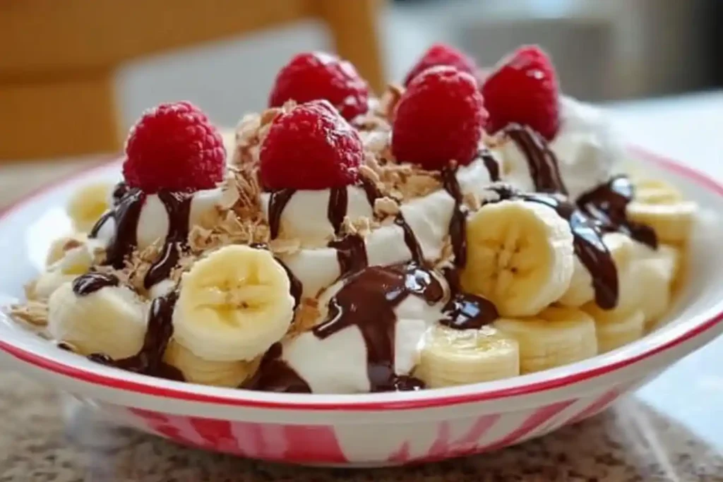 Dessert plate with bananas, raspberries, whipped cream, and chocolate syrup, garnished with powdered sugar