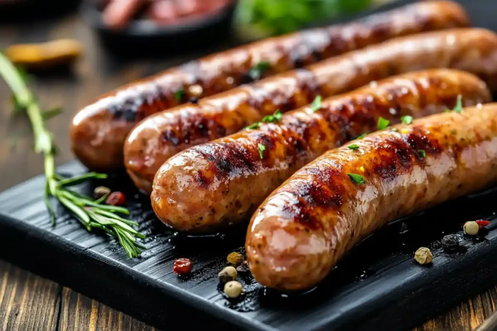  Juicy grilled sausages with a golden-brown crust, garnished with fresh herbs on a black plate.