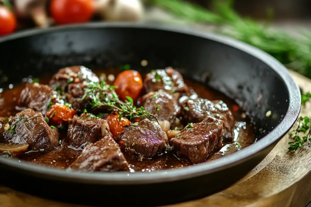 Beef cheek stew with cherry tomatoes and fresh herbs in a black pan.