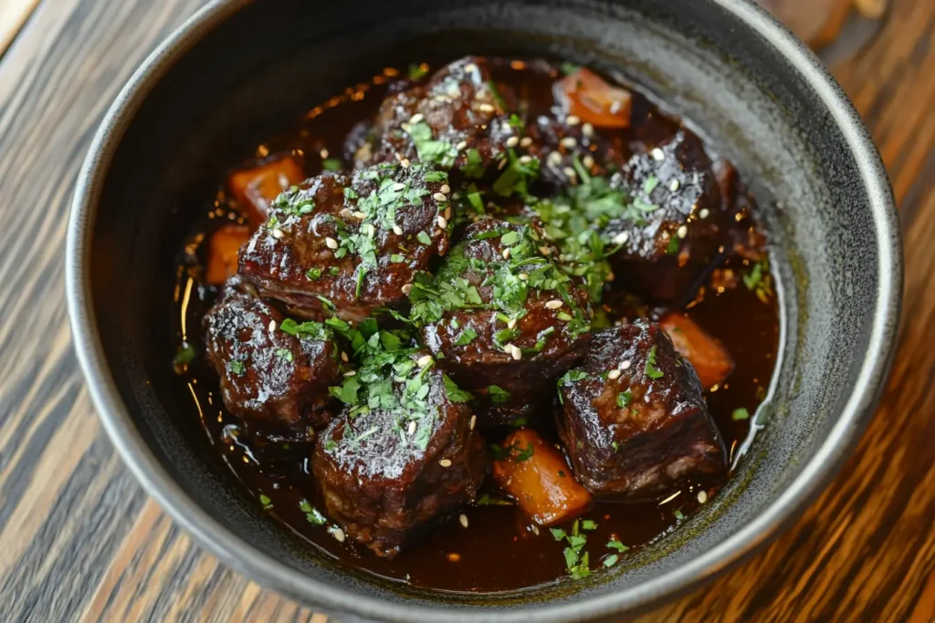 Braised beef cheeks in a rich sauce, garnished with fresh herbs and sesame seeds, served in a black bowl.