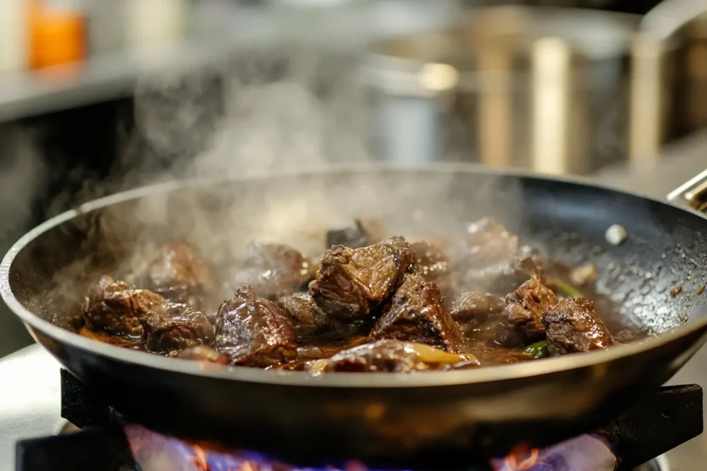 Beef cheek pieces simmering in a frying pan over a flame with visible steam.