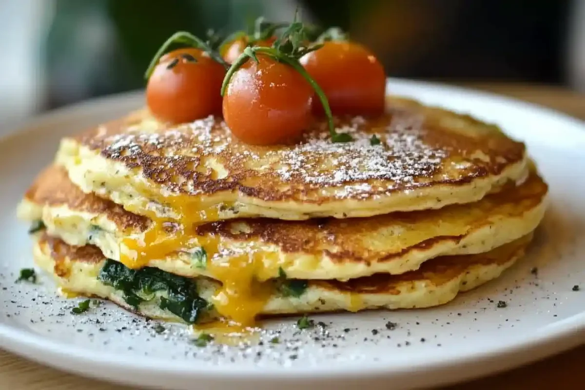 Close-up of a stack of savory pancakes topped with cherry tomatoes and garnished with powdered sugar and herbs.