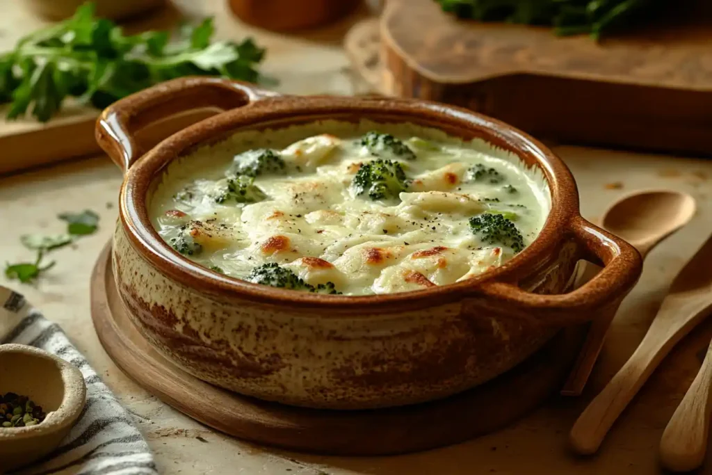 A creamy broccoli casserole served in a rustic ceramic dish.