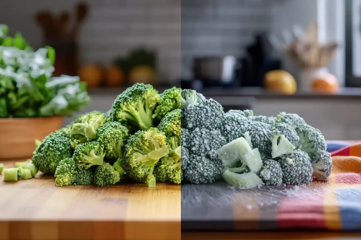 A comparison of fresh and frozen broccoli on a kitchen counter.