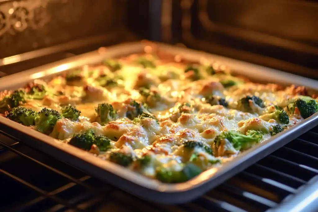  A cheesy broccoli casserole baking in the oven.