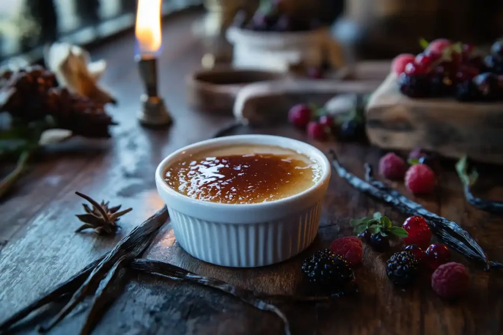 A ramekin of crème brûlée with a caramelized top, surrounded by fresh berries and vanilla beans.