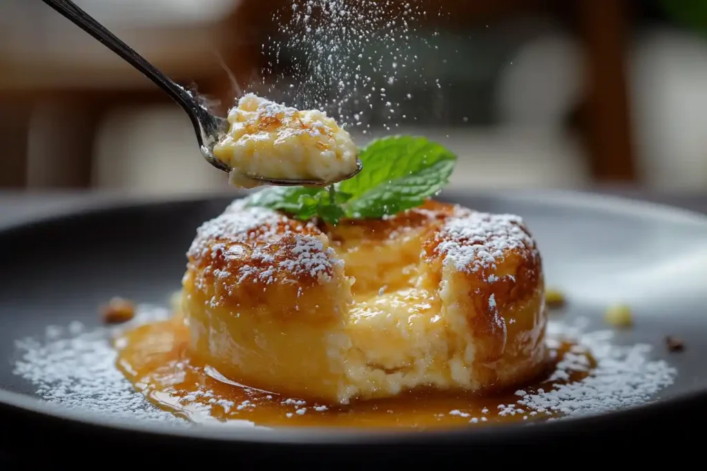 A molten crème brûlée served with powdered sugar and caramel sauce.