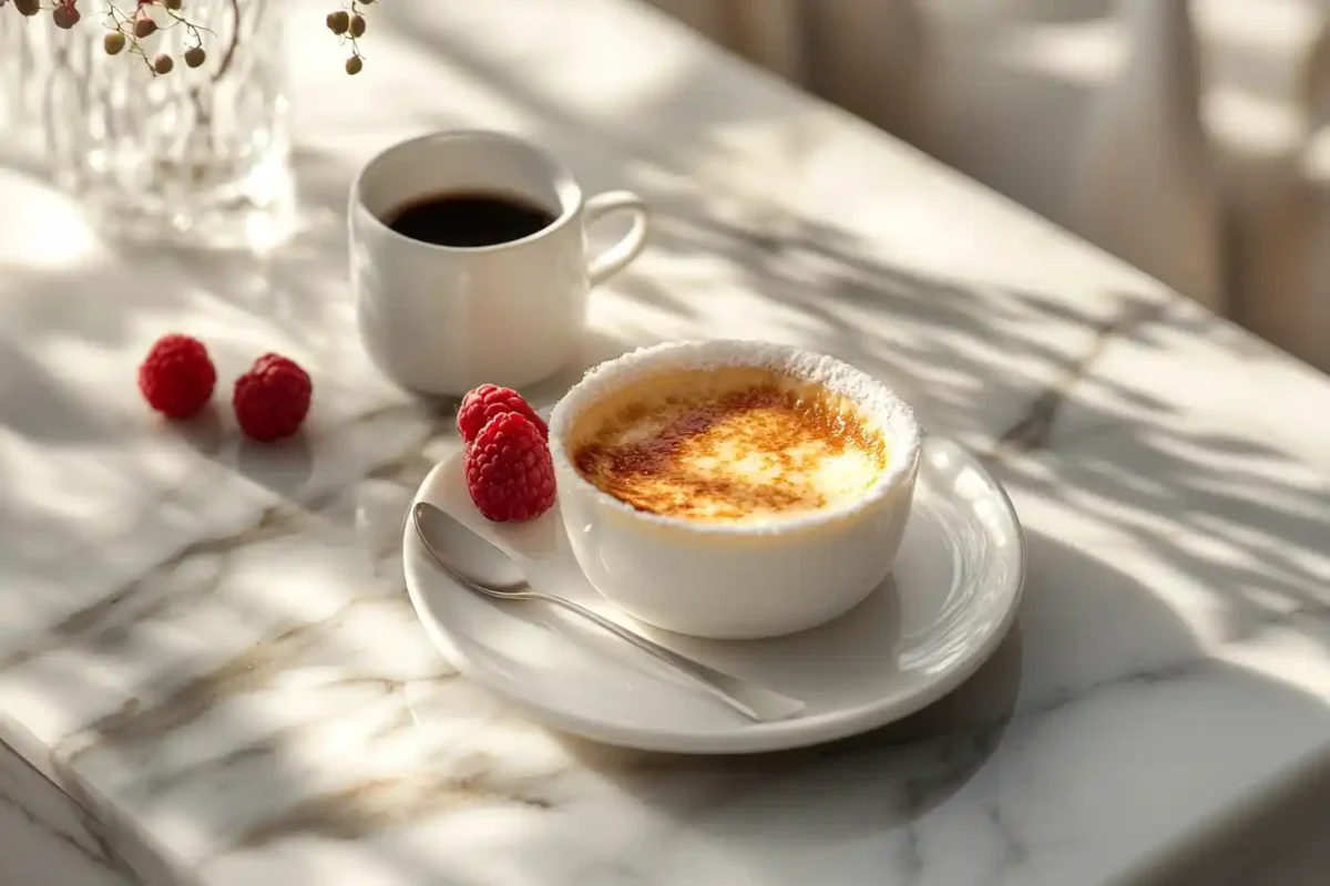 Crème brûlée served with raspberries and a cup of coffee on a marble table.