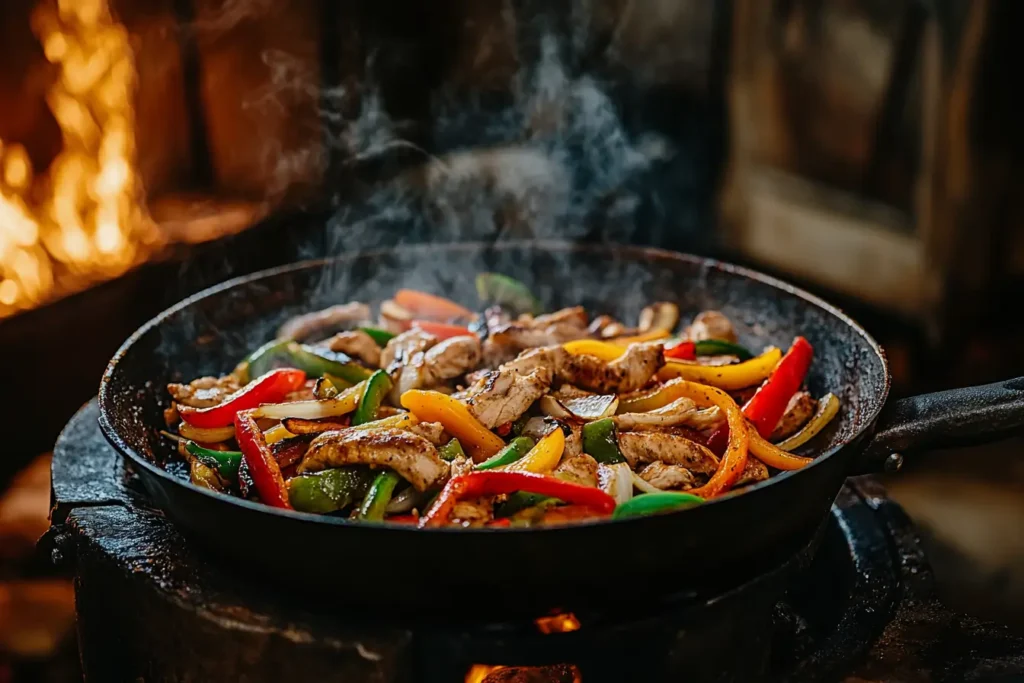 Close-up of chicken strips and vibrant bell peppers cooking in a cast-iron skillet.”