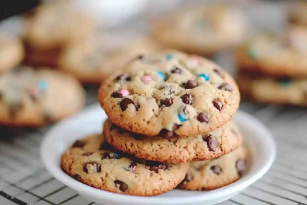 A stack of freshly baked chocolate chip cookies with colorful candy pieces, placed on a white plate, with more cookies blurred in the background.