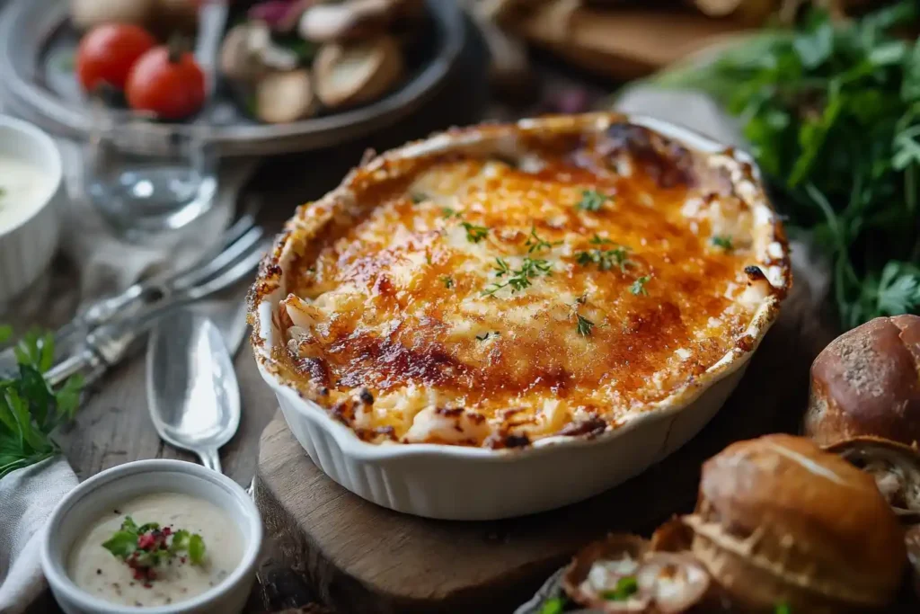 "Golden-brown crab brûlée garnished with fresh thyme, served in a ceramic dish on a rustic wooden table with sides and fresh herbs."