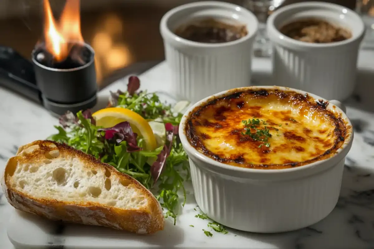 Crab brûlée in a ramekin served with a salad and bread.