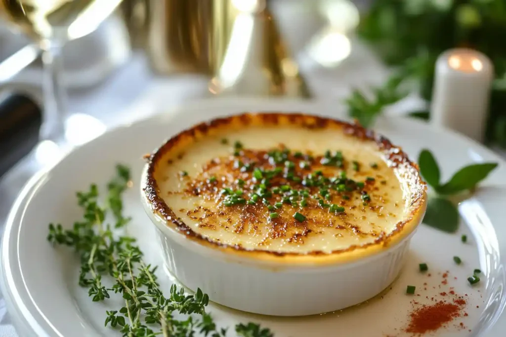  Crab brûlée garnished with chives and thyme.