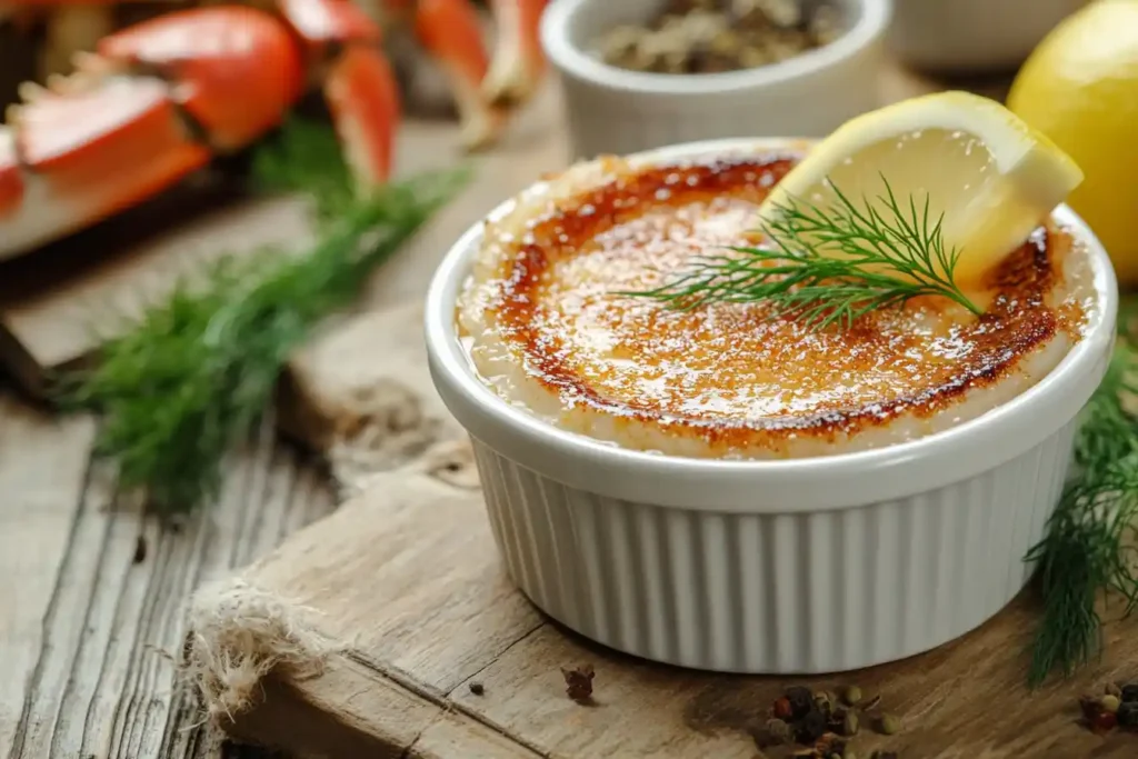 Crab brûlée topped with lemon and dill.