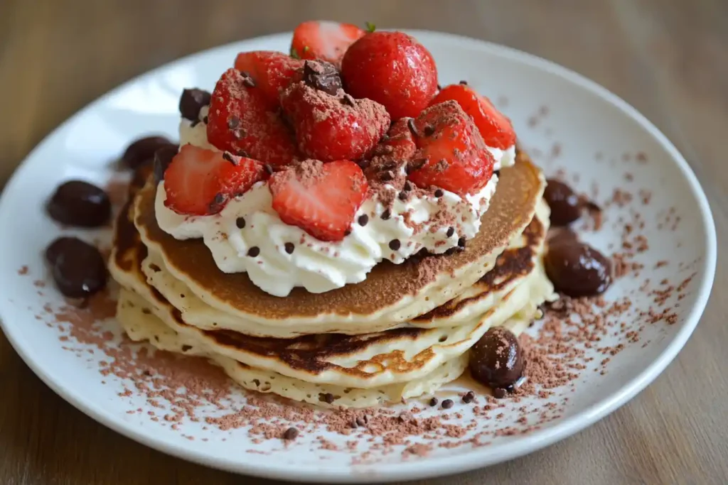 A stack of pancakes topped with whipped cream, fresh strawberries, chocolate shavings, and cocoa powder on a white plate.