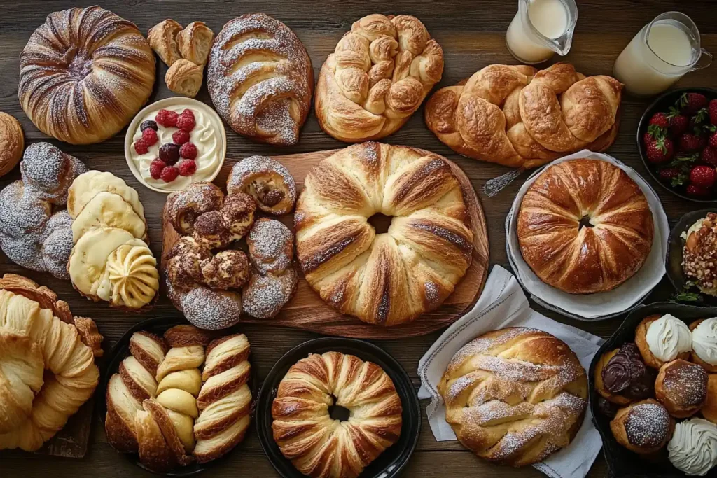 Assortment of freshly baked pastries on a wooden table.