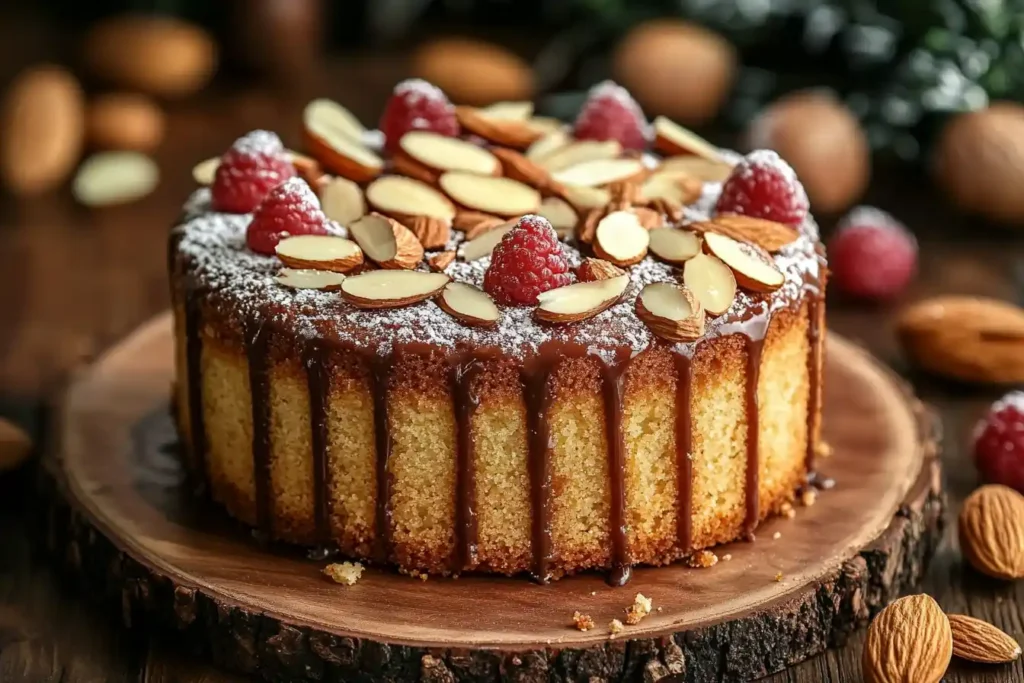 Almond cake with chocolate drizzle and raspberries.