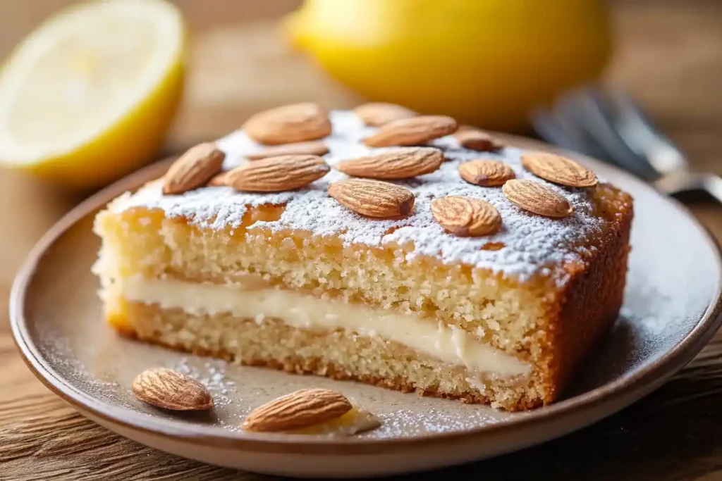 Slice of almond lemon cake with powdered sugar topping.