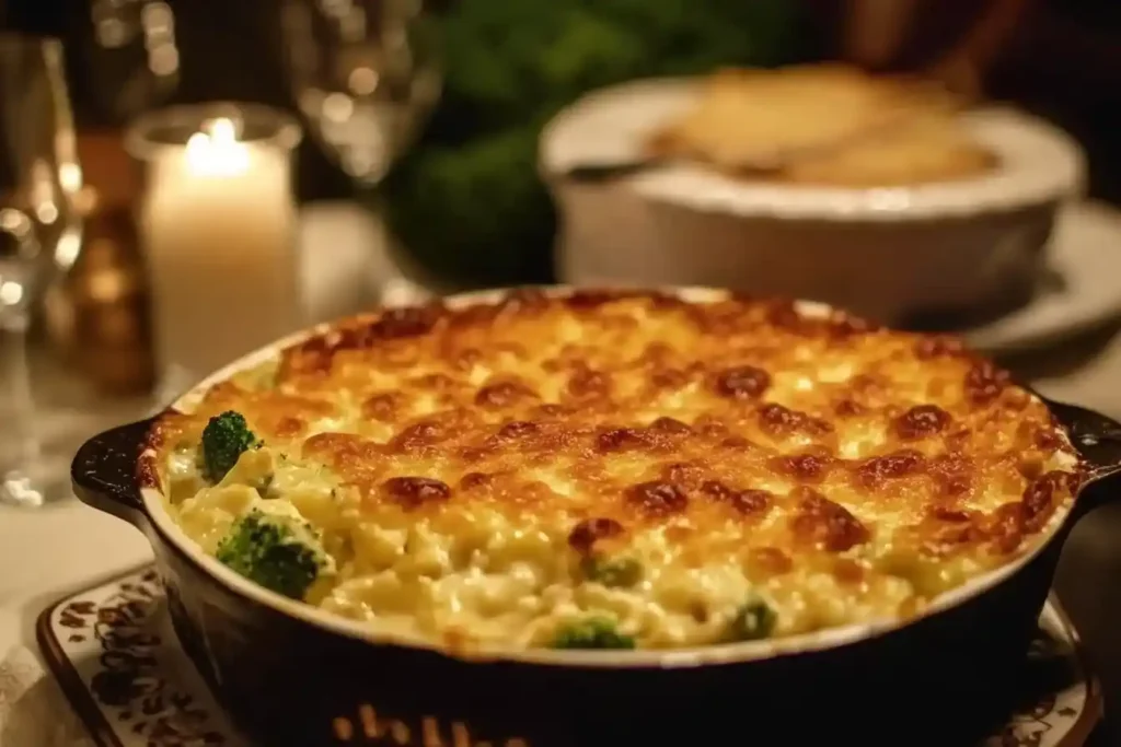 Golden-baked broccoli casserole in a dark dish.