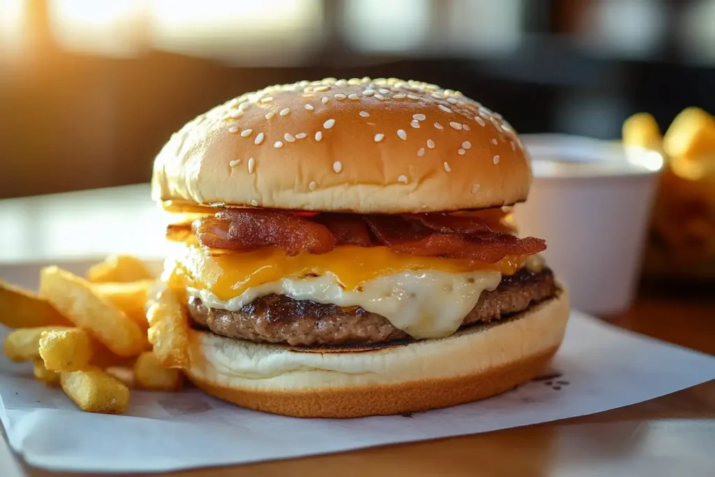 A bacon cheeseburger with melted cheese, served with fries on a sunny day.