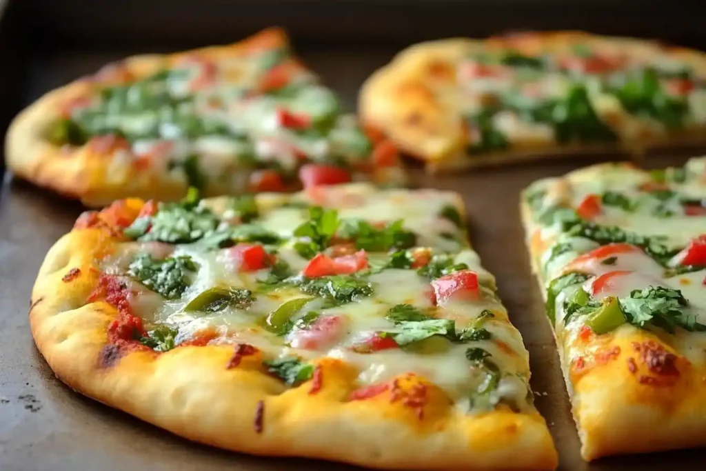 "Indian-style pizza topped with melted cheese, fresh cilantro, diced tomatoes, and green peppers, served on a crispy golden crust."