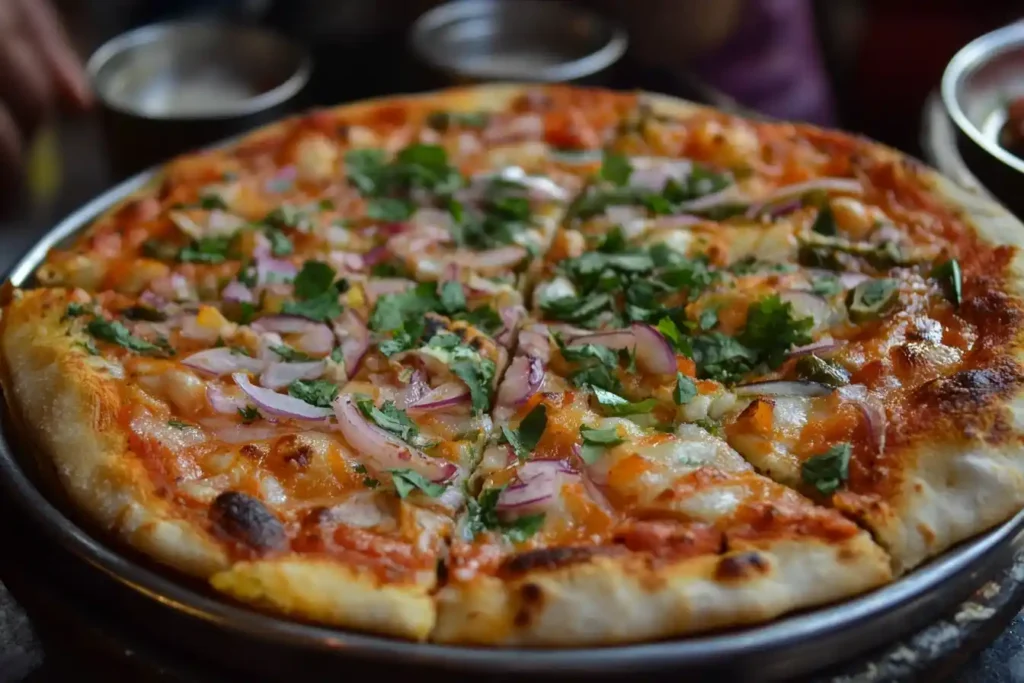 "Freshly baked Indian-style pizza topped with red onions, cilantro, and vibrant spices on a thin crust, served on a metal platter."