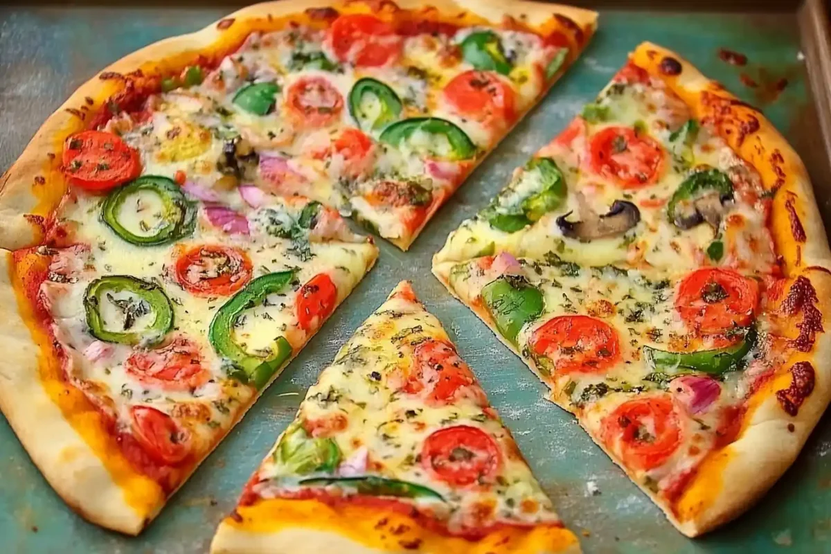 "Indian-style pizza topped with fresh vegetables, including jalapeños, tomatoes, onions, and mushrooms, served on a rustic tray with vibrant colors and a crispy crust."