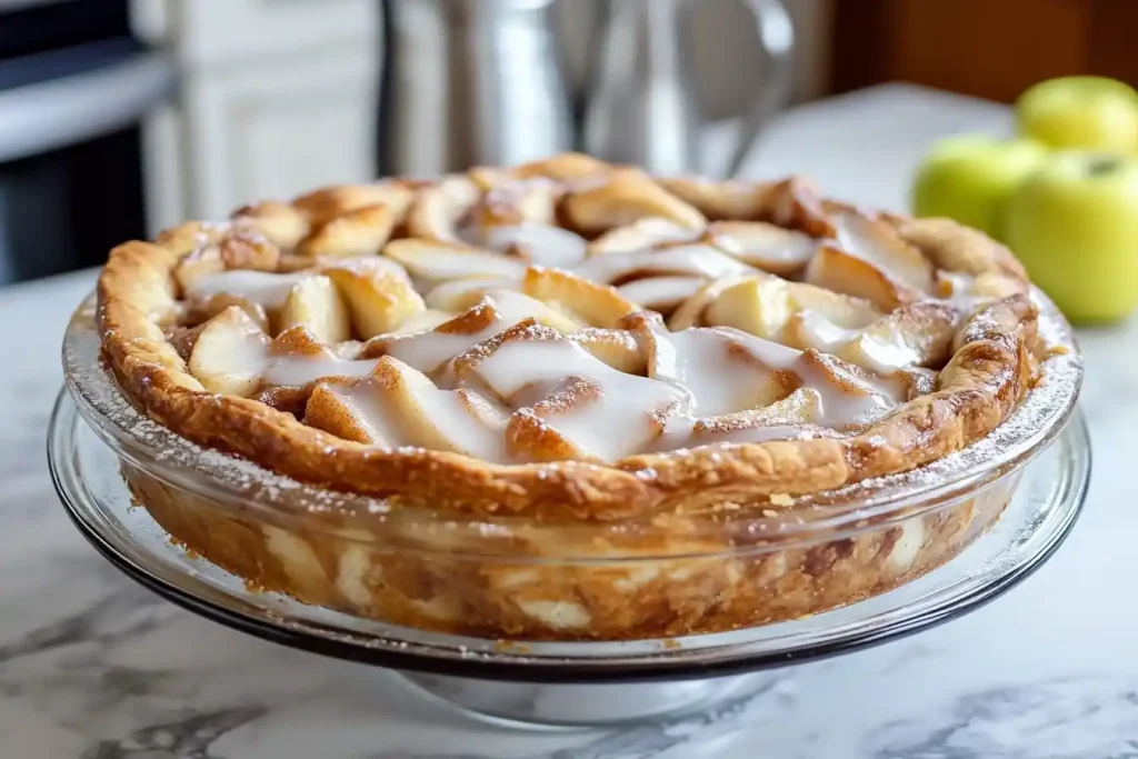 A freshly baked apple pie with golden brown crust, topped with a drizzle of white icing and served in a glass pie dish on a marble countertop.