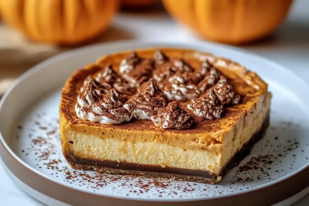 A creamy layered pumpkin cheesecake with a chocolate base, topped with dollops of whipped cream and dusted with cocoa powder, served on a white plate.