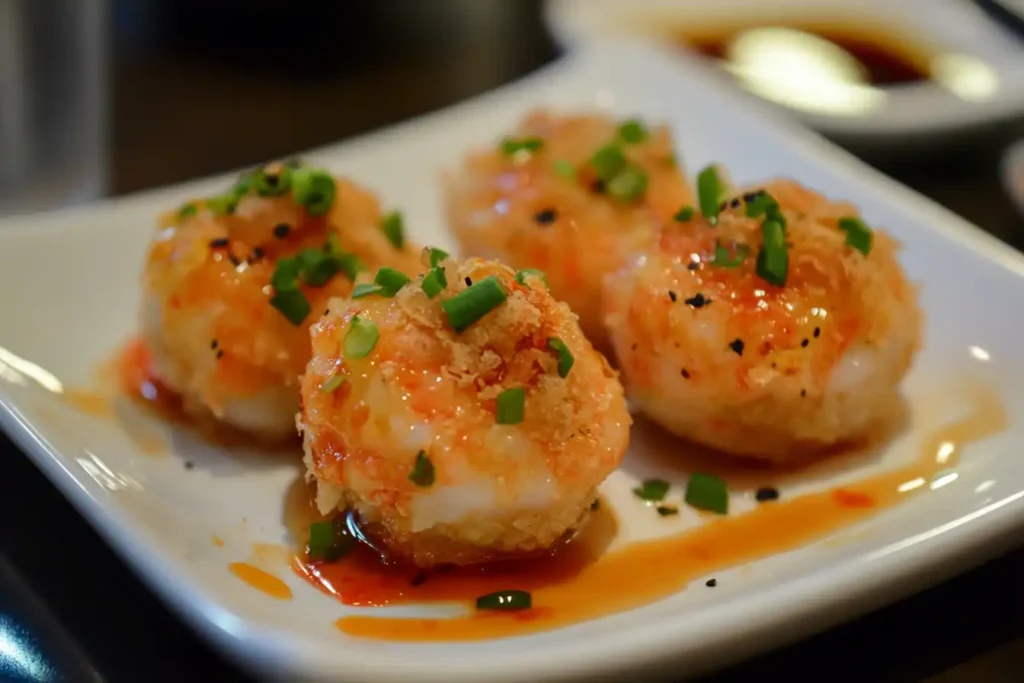 Crispy golden sushi rice balls topped with spicy mayo, green onions, and seasoning, served on a white plate.