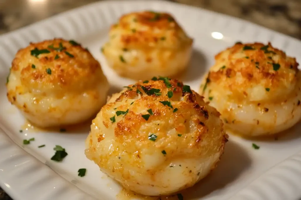 Golden-brown stuffed scallops garnished with parsley, served on a white plate.