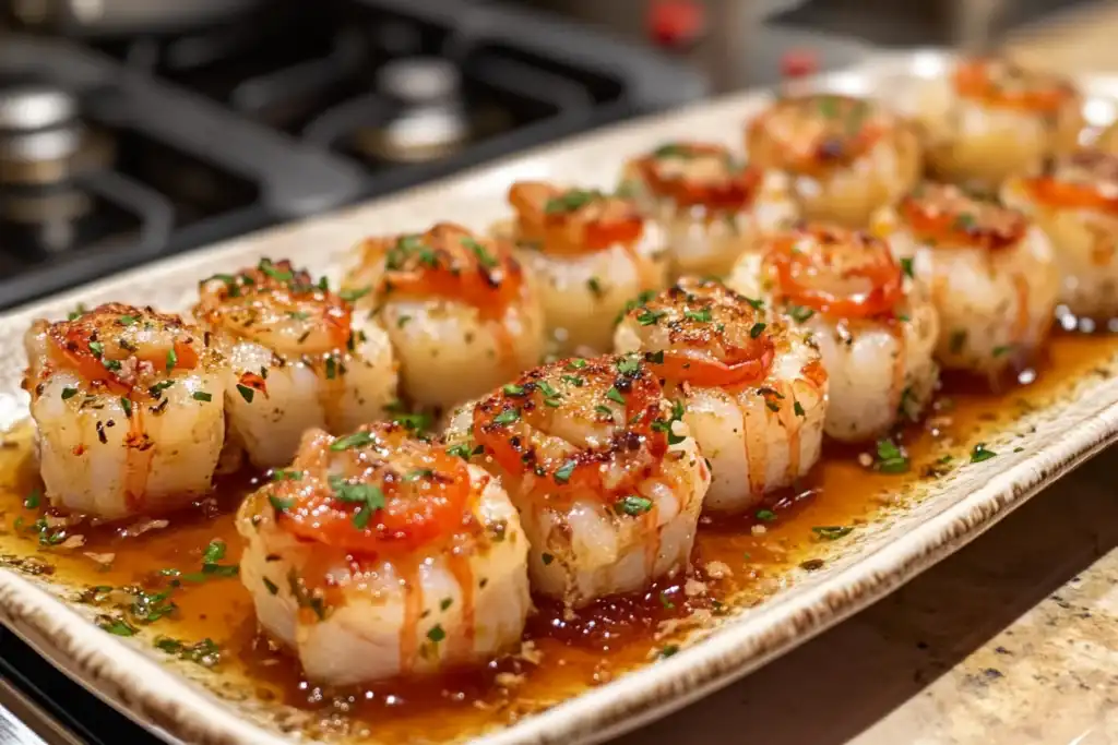 A tray of baked scallops topped with tomato slices, herbs, and a flavorful glaze, served in a light sauce.