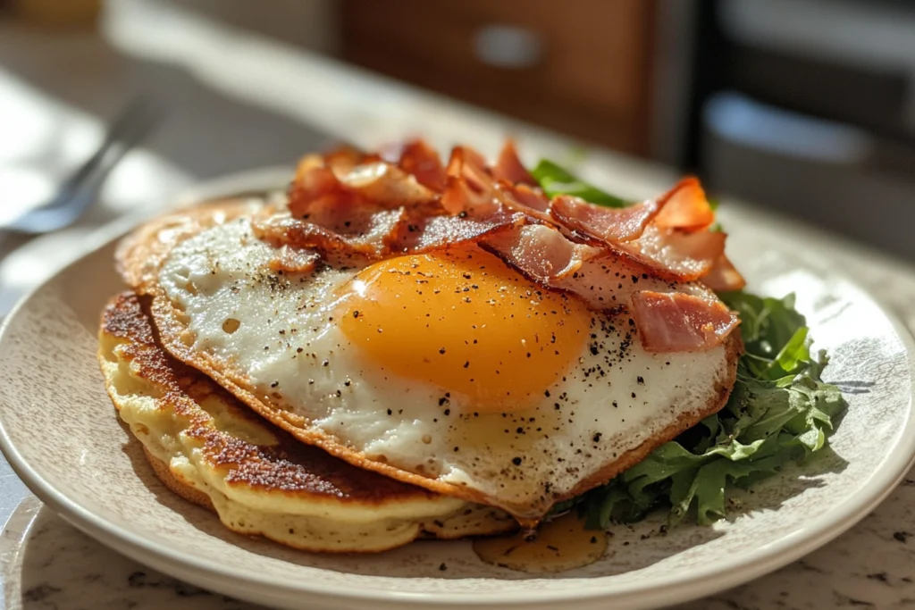 Fluffy pancake breakfast stack with butter and syrup