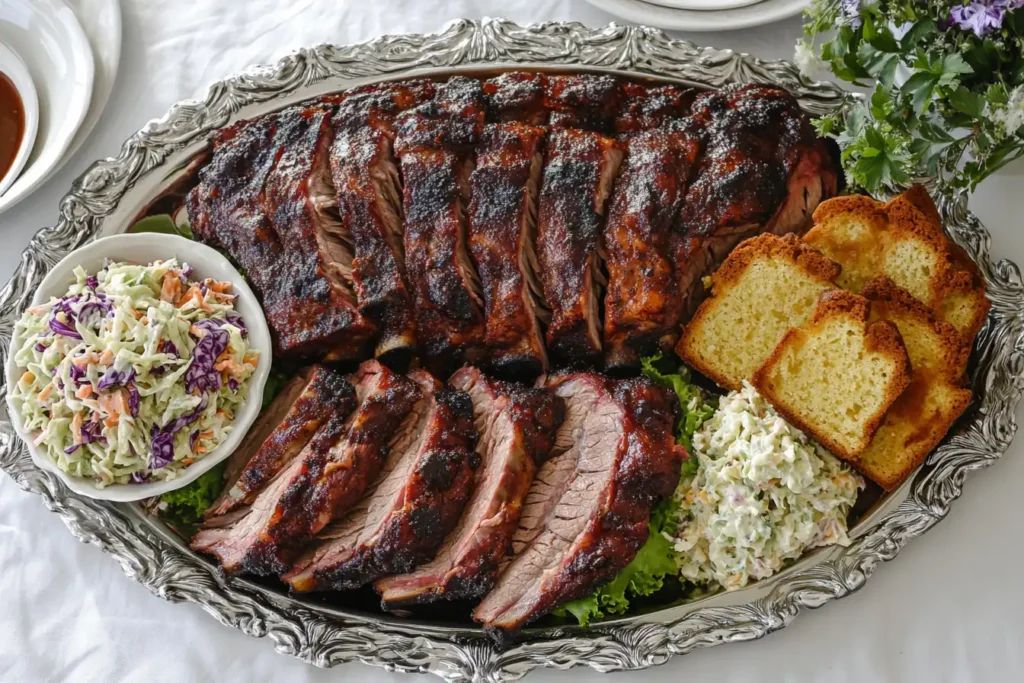 A silver platter filled with beautifully glazed barbecue ribs, slices of cornbread, and bowls of creamy coleslaw, set on a white tablecloth with decorative greenery.